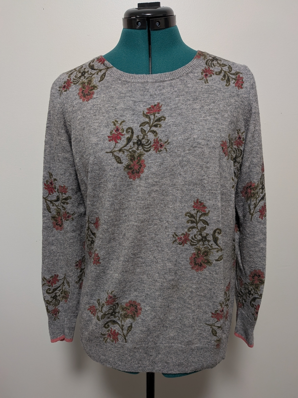 LOFT Gray Crewneck Wool Blend Sweater Pink Floral